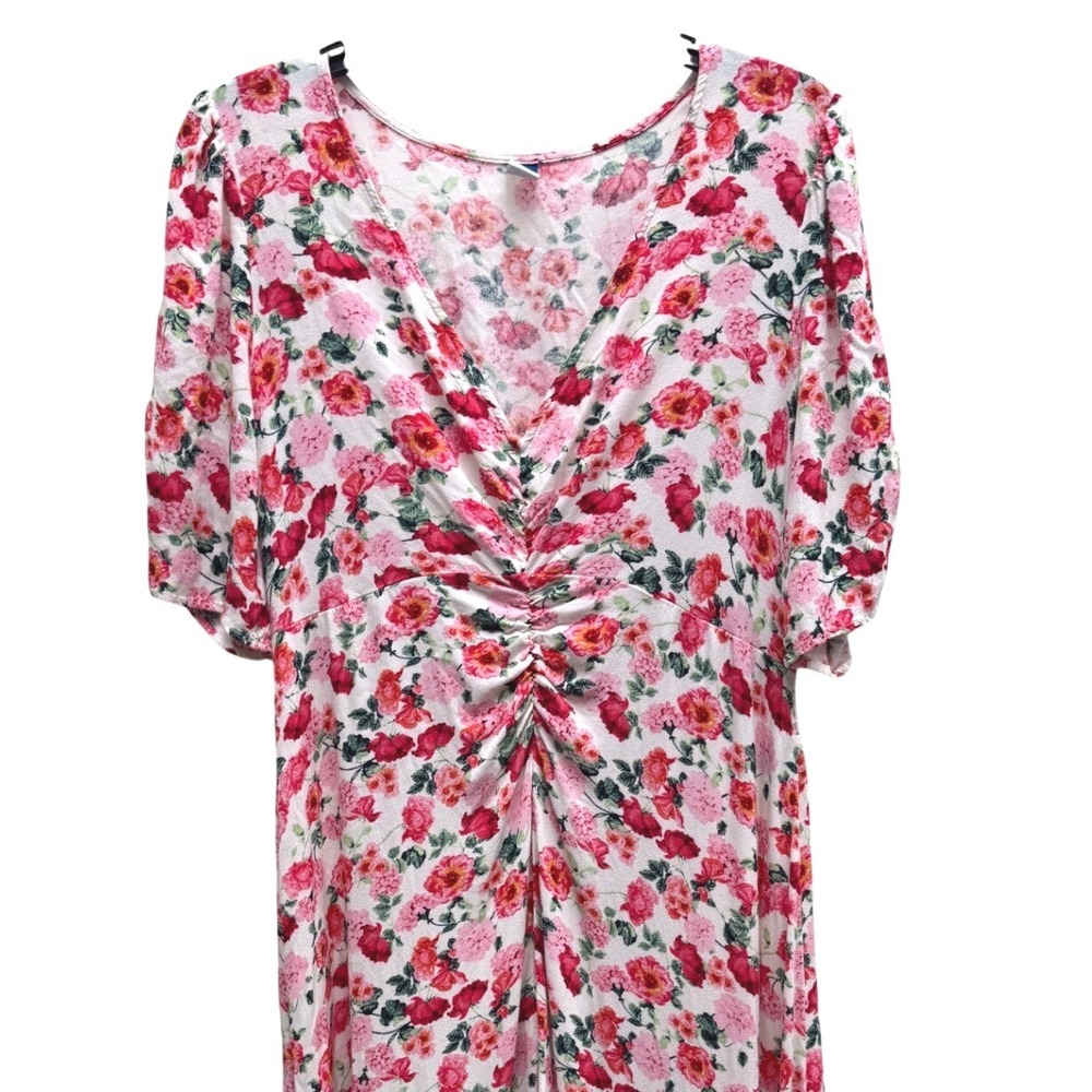 Old Navy Floral Puff Sleeve Ruched Front Midi Dress Pink Large High Low Rose - Picture 4 of 7